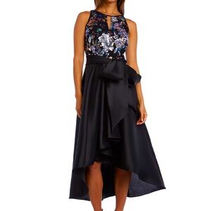 Women’s Formal Dress Sz 10 Black Floral Sequin Hi Lo Tie Waist Gown R&M Richards